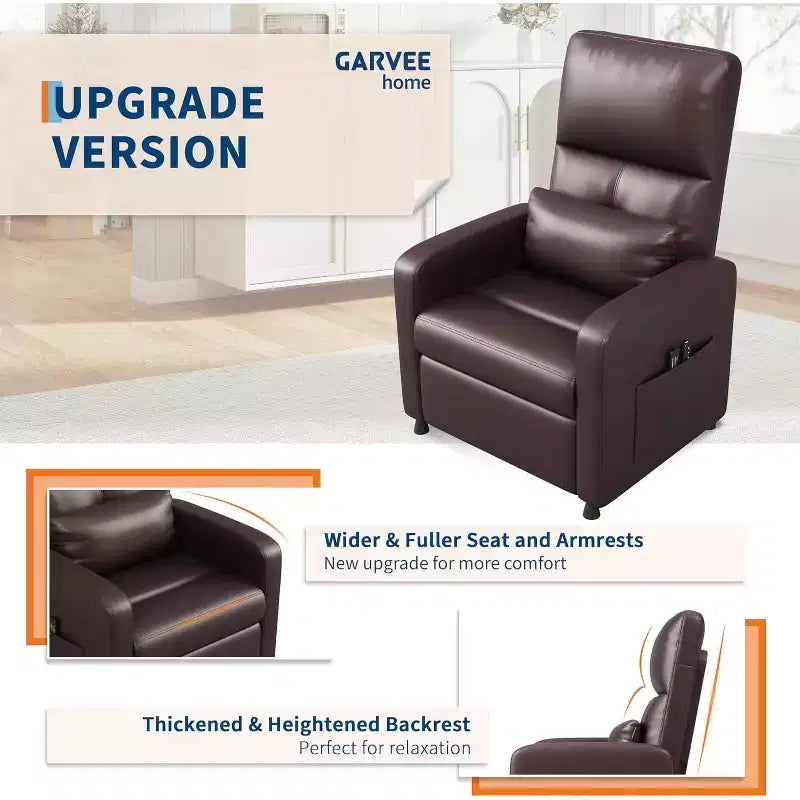 Power Recliner Chair with Massage and Heat, Adjustable Electric Recliner Ergonomic Overstuffed PU Leather Single Sofa, 2 Side Pockets and USB Port