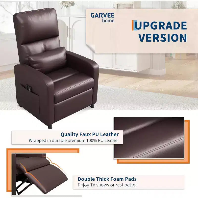 Power Recliner Chair with Massage and Heat, Adjustable Electric Recliner Ergonomic Overstuffed PU Leather Single Sofa, 2 Side Pockets and USB Port