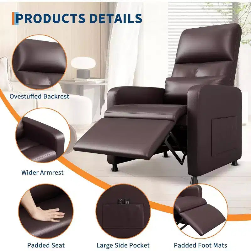Power Recliner Chair with Massage and Heat, Adjustable Electric Recliner Ergonomic Overstuffed PU Leather Single Sofa, 2 Side Pockets and USB Port