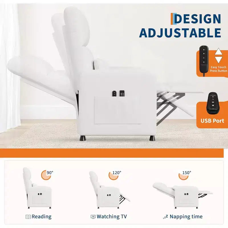 Power Recliner Chair with Massage and Heat, Adjustable Electric Recliner Ergonomic Overstuffed PU Leather Single Sofa, 2 Side Pockets and USB Port