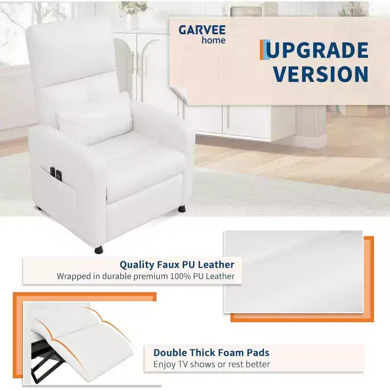 Power Recliner Chair with Massage and Heat, Adjustable Electric Recliner Ergonomic Overstuffed PU Leather Single Sofa, 2 Side Pockets and USB Port