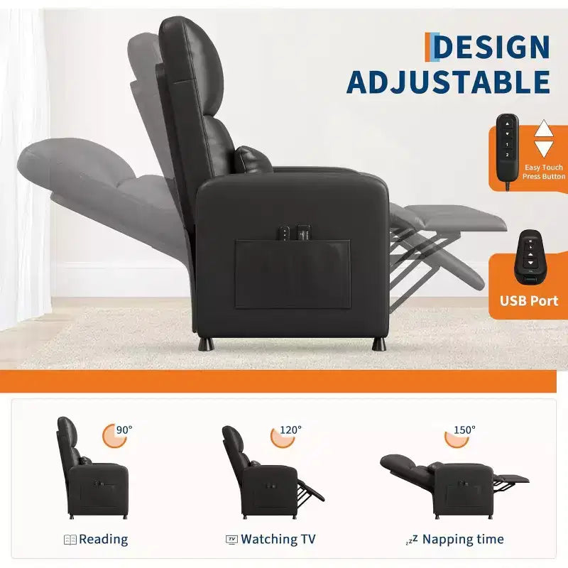 Power Recliner Chair with Massage and Heat, Adjustable Electric Recliner Ergonomic Overstuffed PU Leather Single Sofa, 2 Side Pockets and USB Port