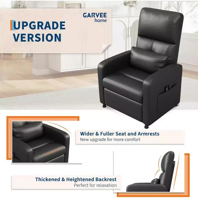 Power Recliner Chair with Massage and Heat, Adjustable Electric Recliner Ergonomic Overstuffed PU Leather Single Sofa, 2 Side Pockets and USB Port