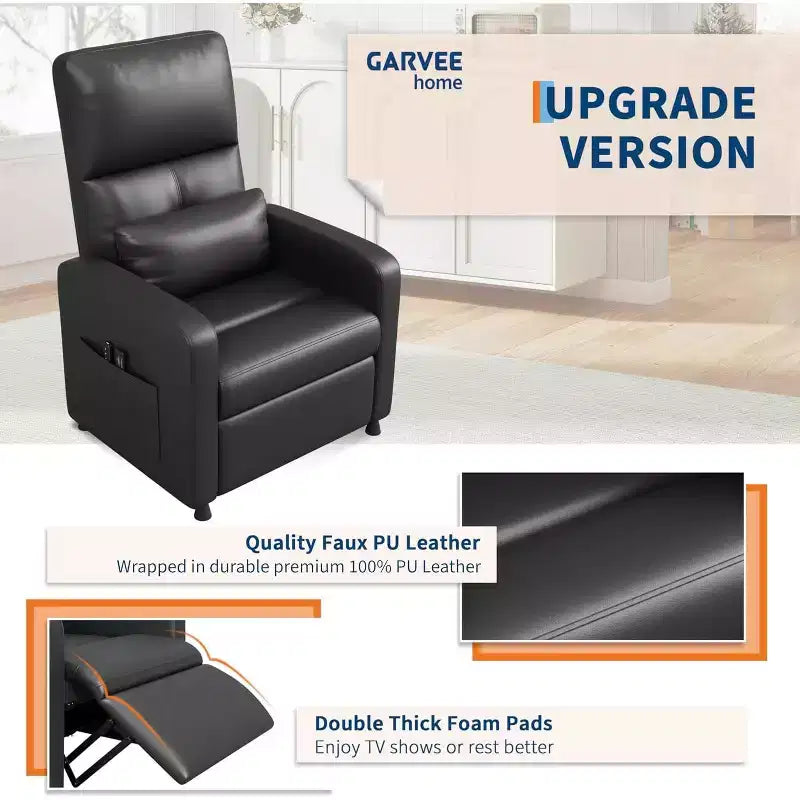 Power Recliner Chair with Massage and Heat, Adjustable Electric Recliner Ergonomic Overstuffed PU Leather Single Sofa, 2 Side Pockets and USB Port