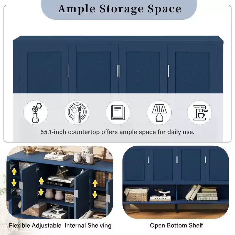 Modern Double-Tier 4-Door Sideboard Storage Cabinet with Open Shelves for Dining Room, Living Room, and Kitchen
