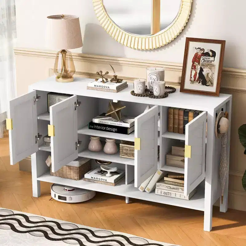 Modern Double-Tier 4-Door Sideboard Storage Cabinet with Open Shelves for Dining Room, Living Room, and Kitchen