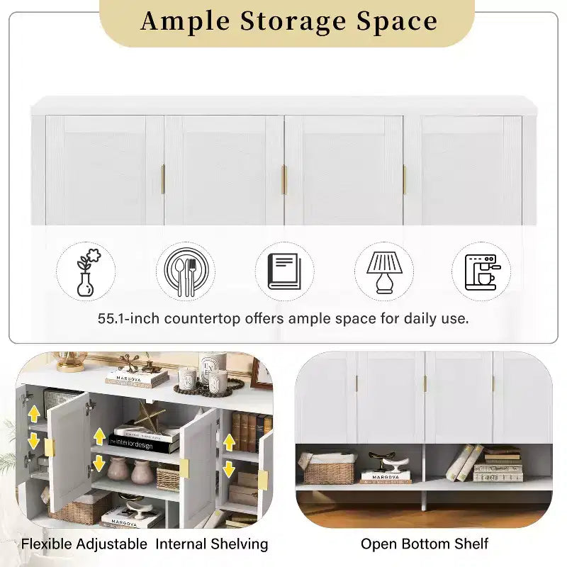 Modern Double-Tier 4-Door Sideboard Storage Cabinet with Open Shelves for Dining Room, Living Room, and Kitchen