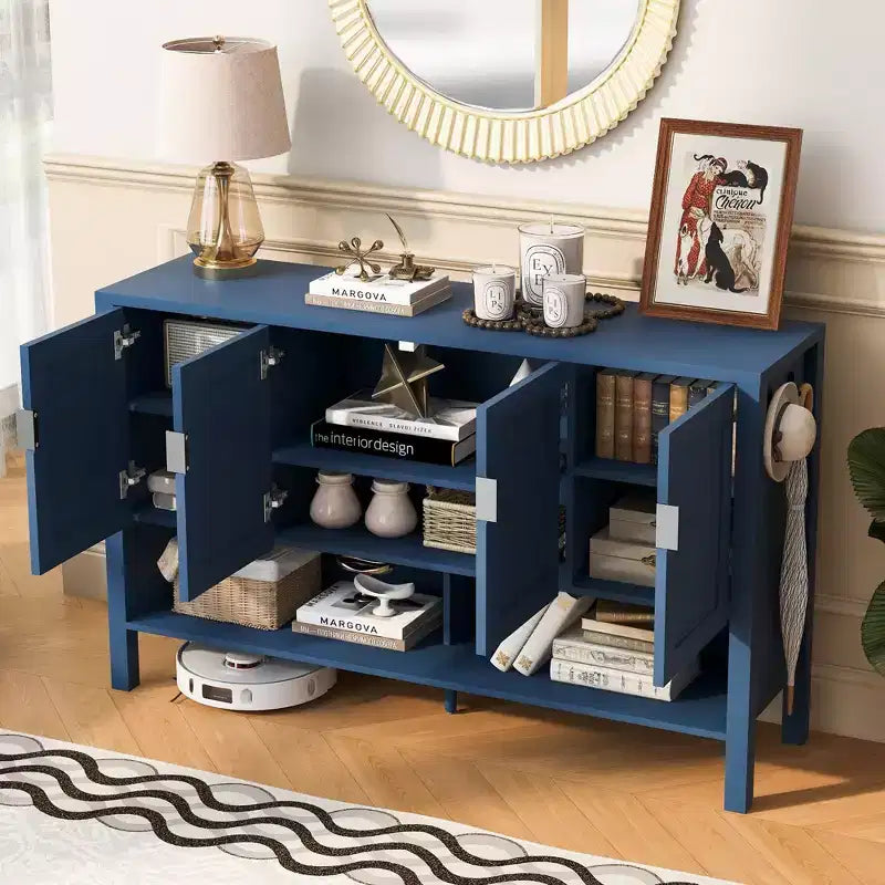 Modern Double-Tier 4-Door Sideboard Storage Cabinet with Open Shelves for Dining Room, Living Room, and Kitchen