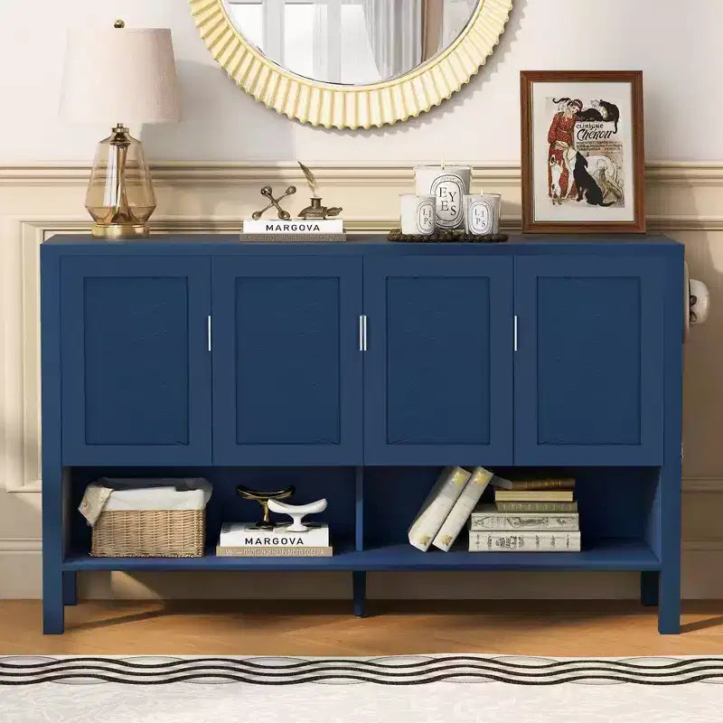 Modern Double-Tier 4-Door Sideboard Storage Cabinet with Open Shelves for Dining Room, Living Room, and Kitchen