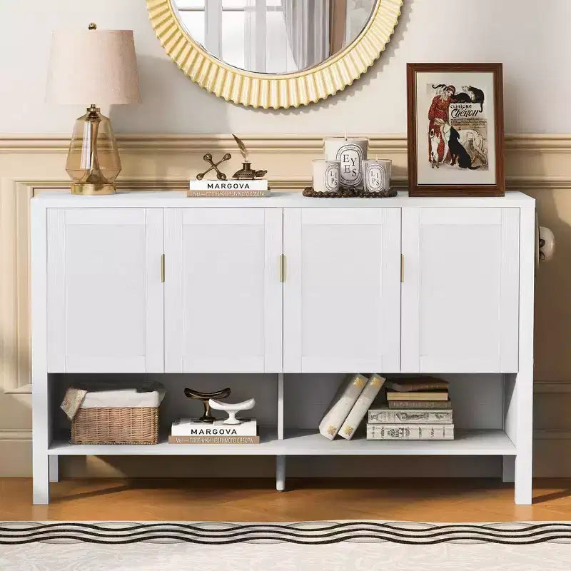 Modern Double-Tier 4-Door Sideboard Storage Cabinet with Open Shelves for Dining Room, Living Room, and Kitchen