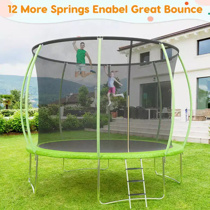 12FT Outdoor Trampoline with Safety Enclosure, 440 Lbs Capacity, ASTM Certified, No-Gap Net for Kids and Adults