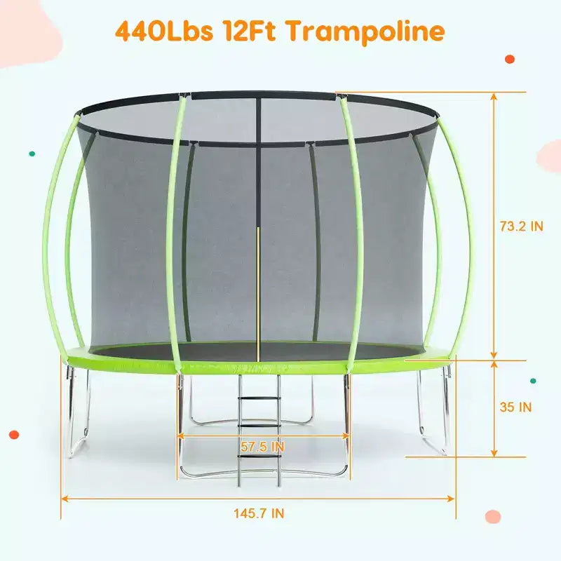 12FT Outdoor Trampoline with Safety Enclosure, 440 Lbs Capacity, ASTM Certified, No-Gap Net for Kids and Adults