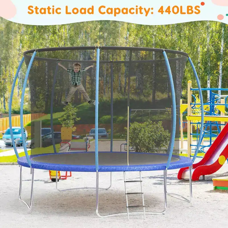 12FT Outdoor Trampoline with Safety Enclosure, 440 Lbs Capacity, ASTM Certified, No-Gap Net for Kids and Adults