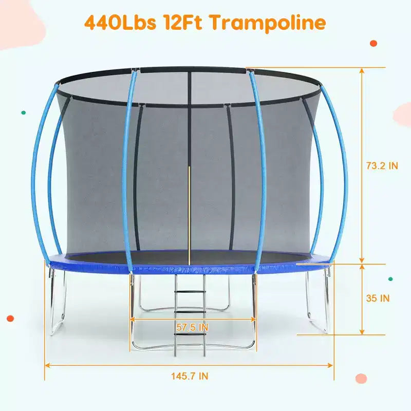 12FT Outdoor Trampoline with Safety Enclosure, 440 Lbs Capacity, ASTM Certified, No-Gap Net for Kids and Adults