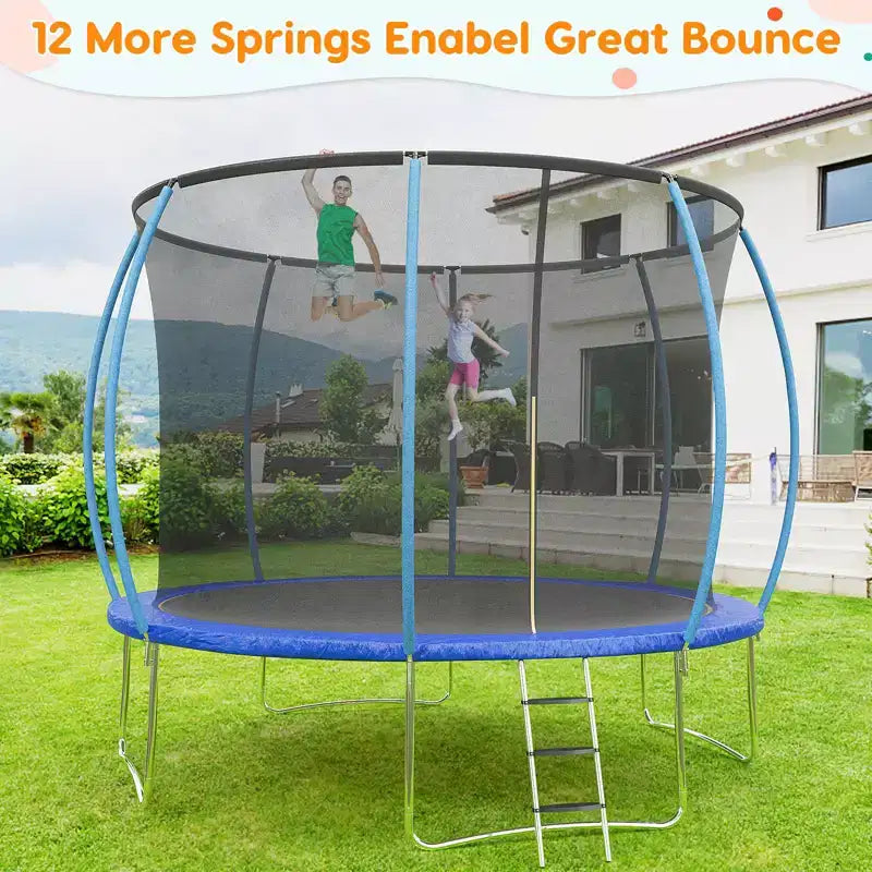 12FT Outdoor Trampoline with Safety Enclosure, 440 Lbs Capacity, ASTM Certified, No-Gap Net for Kids and Adults
