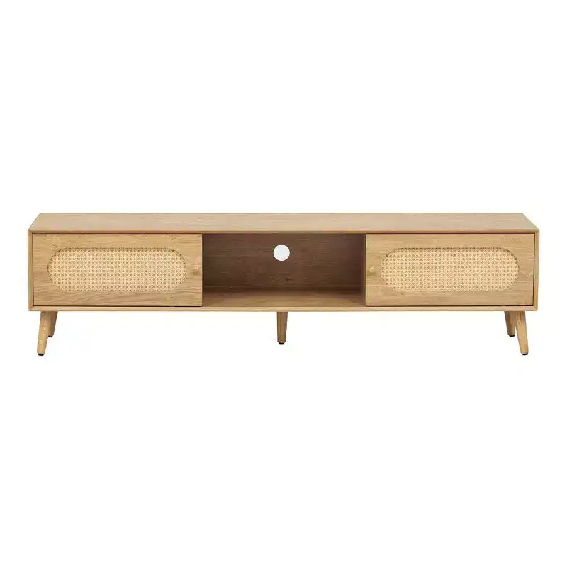Boho TV Stand with Drawers for 75 inch TV, Wood TV Storage Cabinet Table with Solid Wood Legs for Living Room, Natural