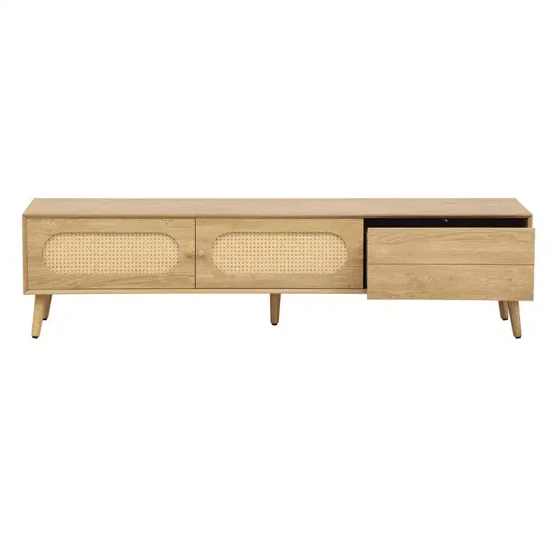 Boho TV Stand with Drawers for 75 inch TV, Wood TV Storage Cabinet Table with Solid Wood Legs for Living Room, Natural