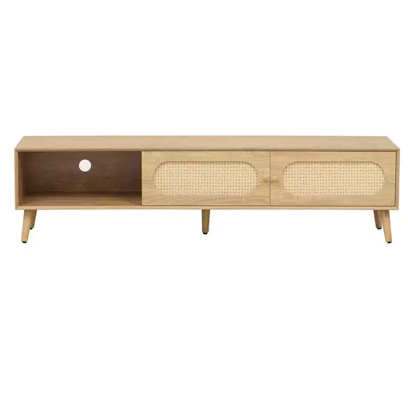 Boho TV Stand with Drawers for 75 inch TV, Wood TV Storage Cabinet Table with Solid Wood Legs for Living Room, Natural