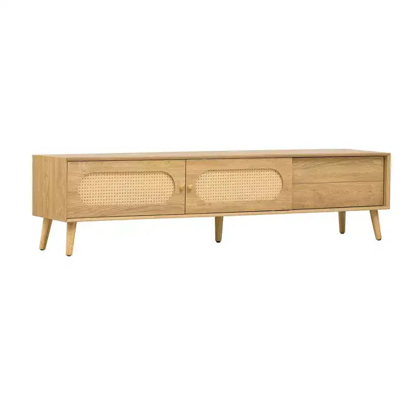 Boho TV Stand with Drawers for 75 inch TV, Wood TV Storage Cabinet Table with Solid Wood Legs for Living Room, Natural