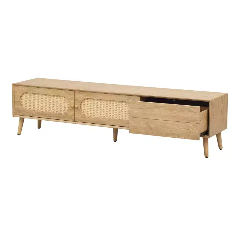 Boho TV Stand with Drawers for 75 inch TV, Wood TV Storage Cabinet Table with Solid Wood Legs for Living Room, Natural