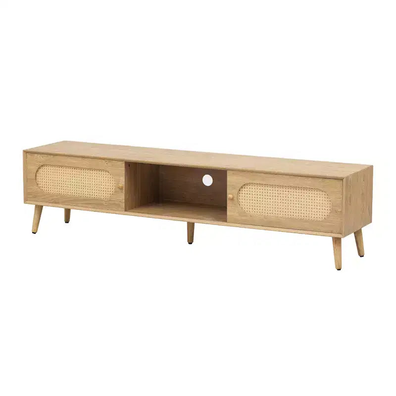 Boho TV Stand with Drawers for 75 inch TV, Wood TV Storage Cabinet Table with Solid Wood Legs for Living Room, Natural