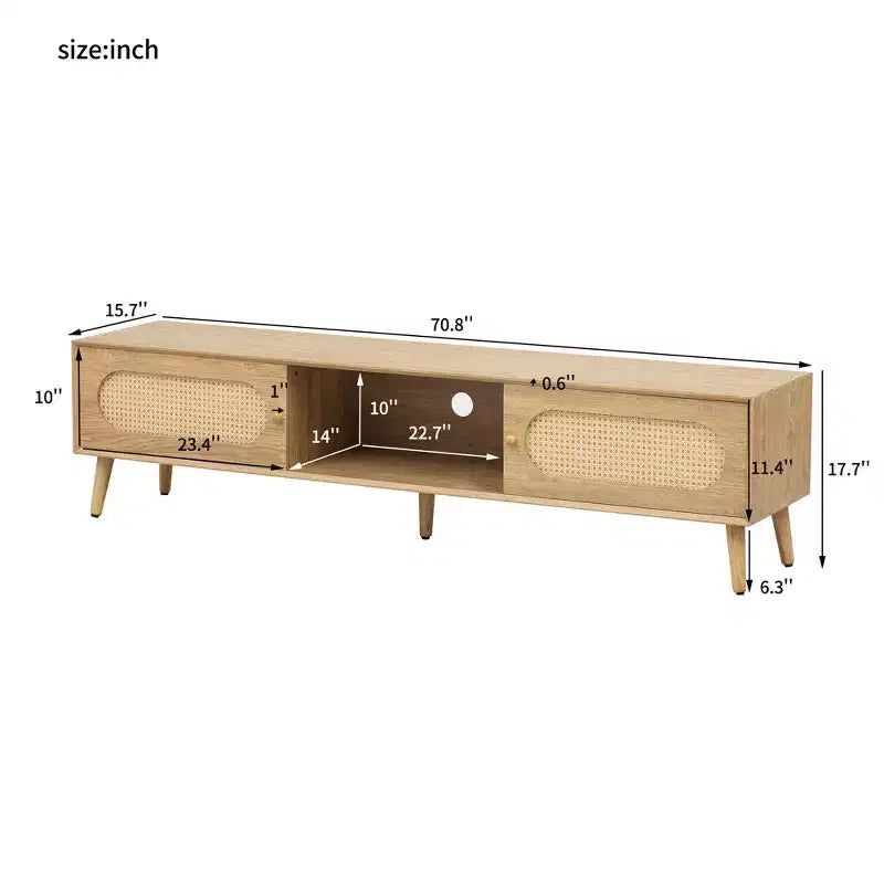 Boho TV Stand with Drawers for 75 inch TV, Wood TV Storage Cabinet Table with Solid Wood Legs for Living Room, Natural
