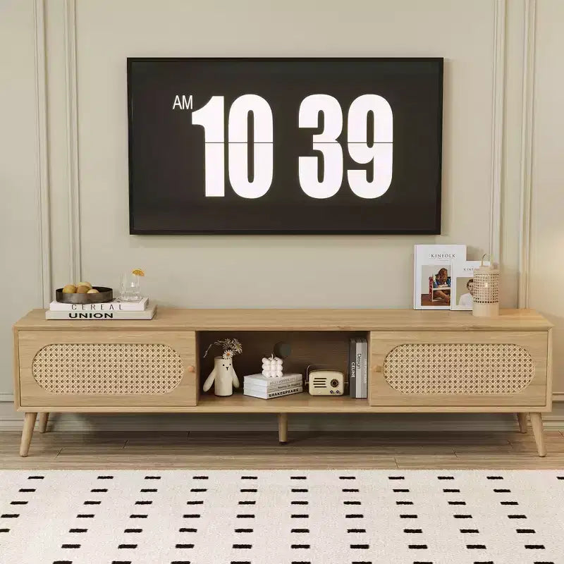 Boho TV Stand with Drawers for 75 inch TV, Wood TV Storage Cabinet Table with Solid Wood Legs for Living Room, Natural