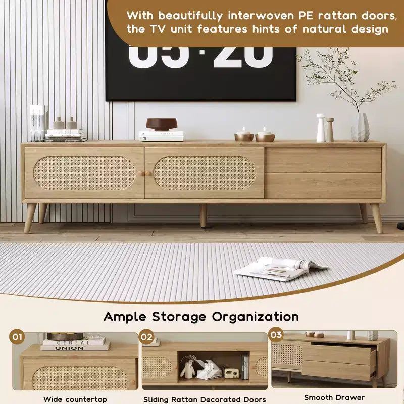 Boho TV Stand with Drawers for 75 inch TV, Wood TV Storage Cabinet Table with Solid Wood Legs for Living Room, Natural
