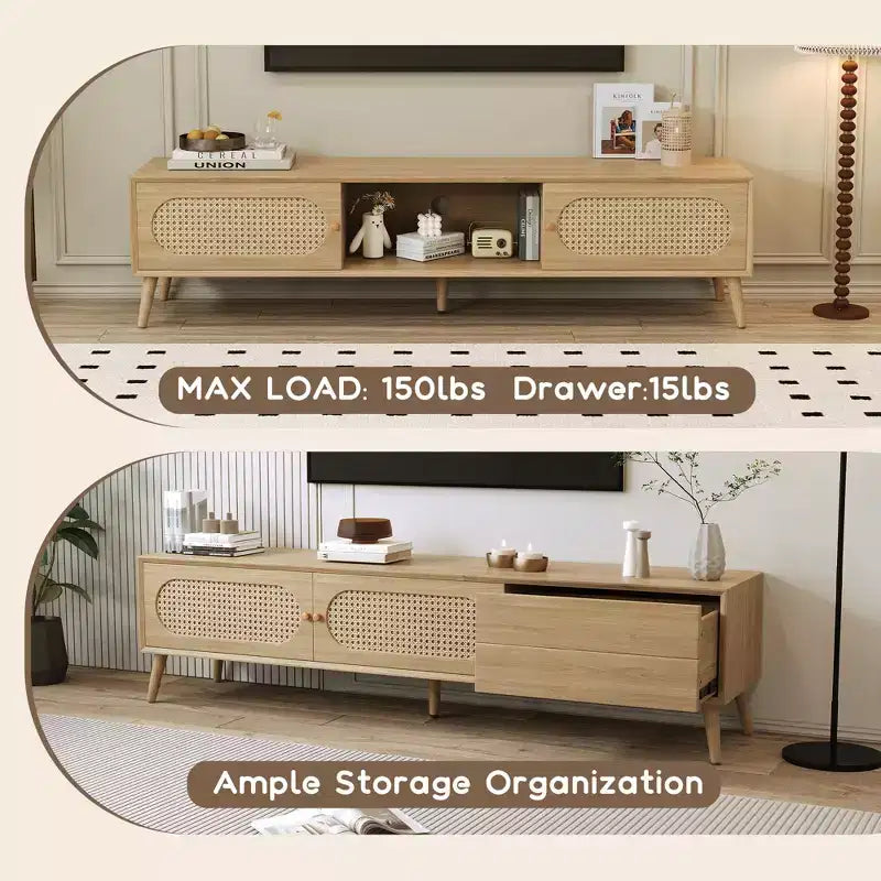 Boho TV Stand with Drawers for 75 inch TV, Wood TV Storage Cabinet Table with Solid Wood Legs for Living Room, Natural