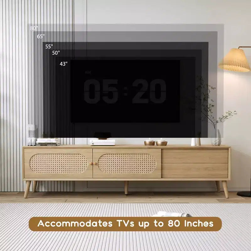 Boho TV Stand with Drawers for 75 inch TV, Wood TV Storage Cabinet Table with Solid Wood Legs for Living Room, Natural