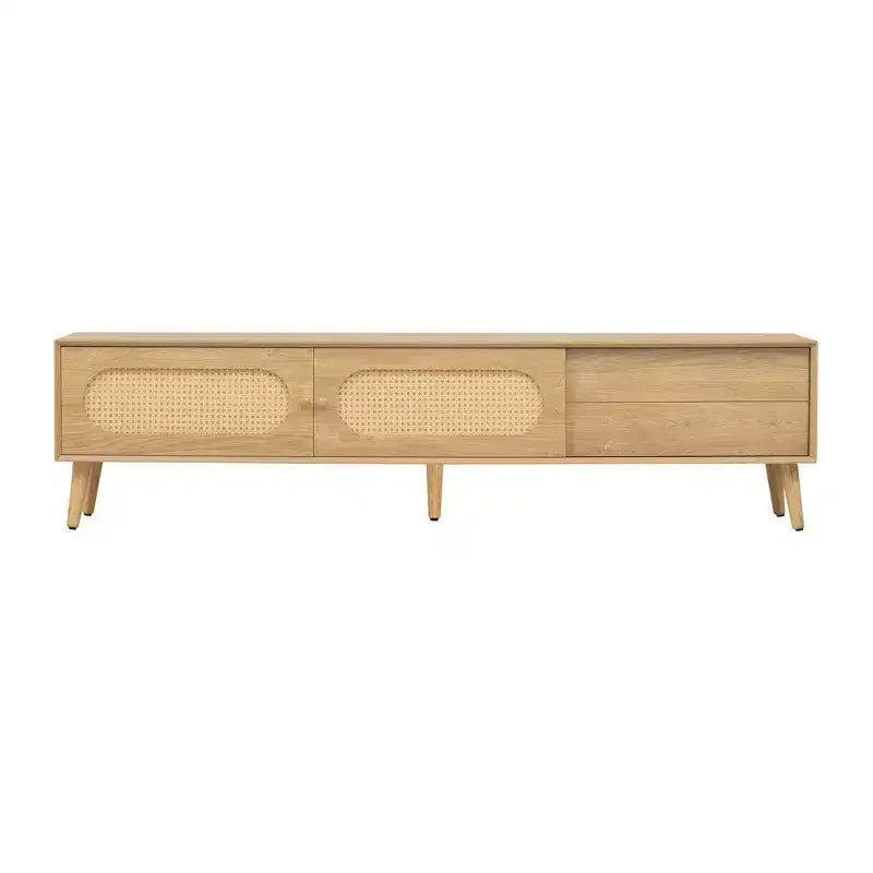 Boho TV Stand with Drawers for 75 inch TV, Wood TV Storage Cabinet Table with Solid Wood Legs for Living Room, Natural