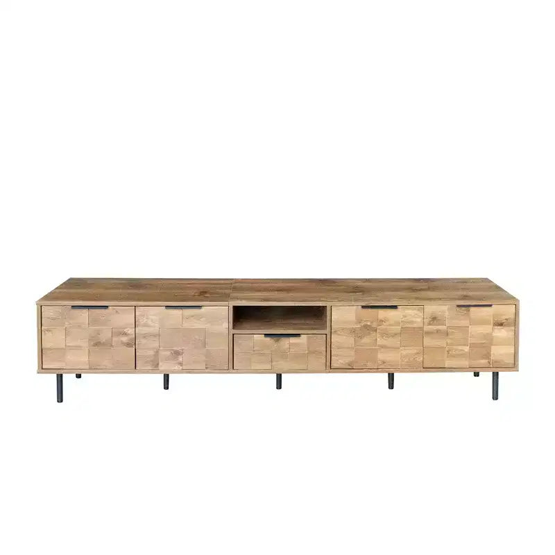 Farmhouse TV Stand with Drawers for 75-Inch TVs, Wood Storage Cabinet with Doors and Solid Wood Legs for Living Room, Natural