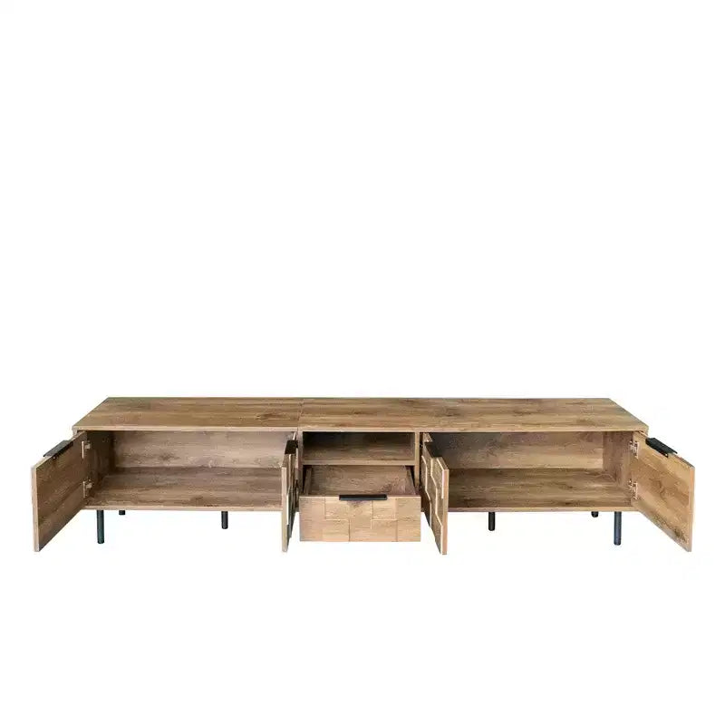Farmhouse TV Stand with Drawers for 75-Inch TVs, Wood Storage Cabinet with Doors and Solid Wood Legs for Living Room, Natural