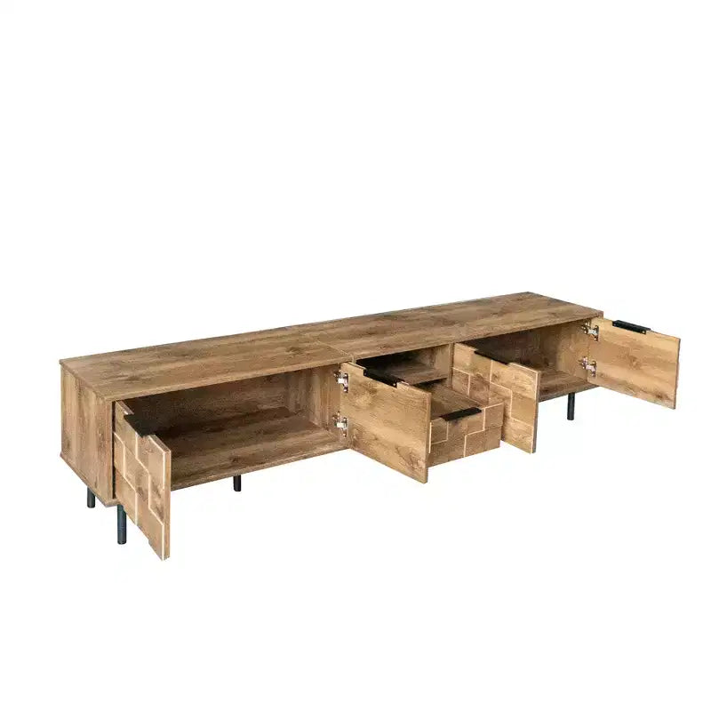 Farmhouse TV Stand with Drawers for 75-Inch TVs, Wood Storage Cabinet with Doors and Solid Wood Legs for Living Room, Natural