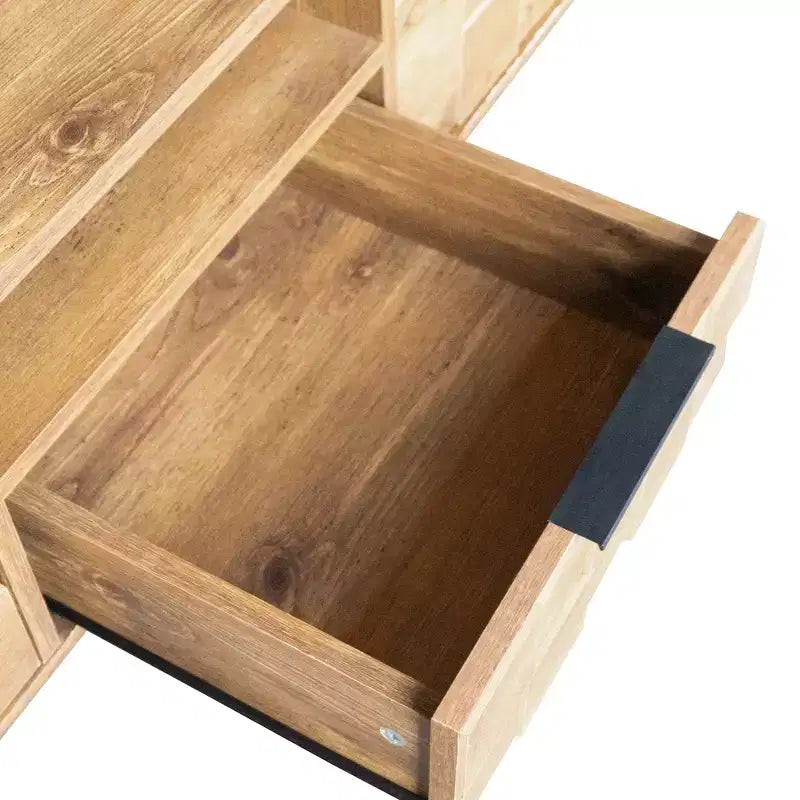 Farmhouse TV Stand with Drawers for 75-Inch TVs, Wood Storage Cabinet with Doors and Solid Wood Legs for Living Room, Natural