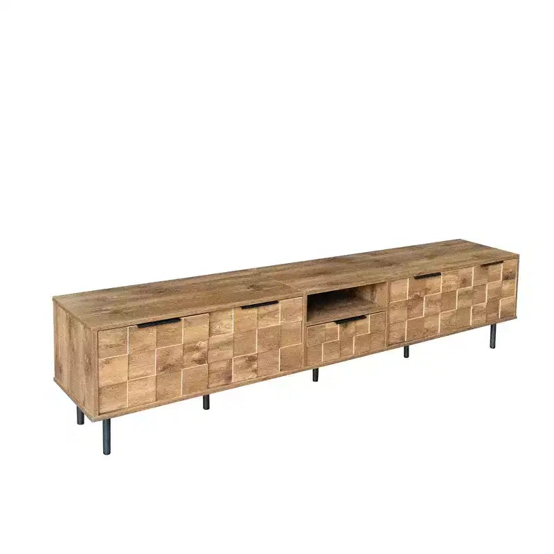 Farmhouse TV Stand with Drawers for 75-Inch TVs, Wood Storage Cabinet with Doors and Solid Wood Legs for Living Room, Natural