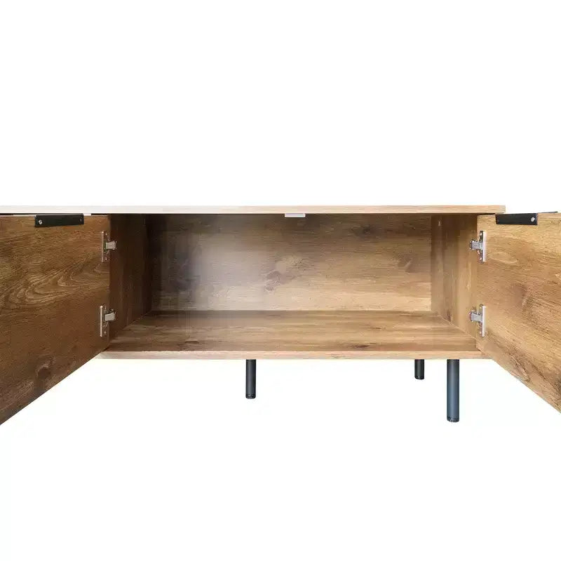 Farmhouse TV Stand with Drawers for 75-Inch TVs, Wood Storage Cabinet with Doors and Solid Wood Legs for Living Room, Natural