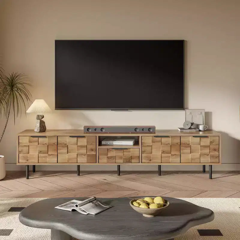 Farmhouse TV Stand with Drawers for 75-Inch TVs, Wood Storage Cabinet with Doors and Solid Wood Legs for Living Room, Natural