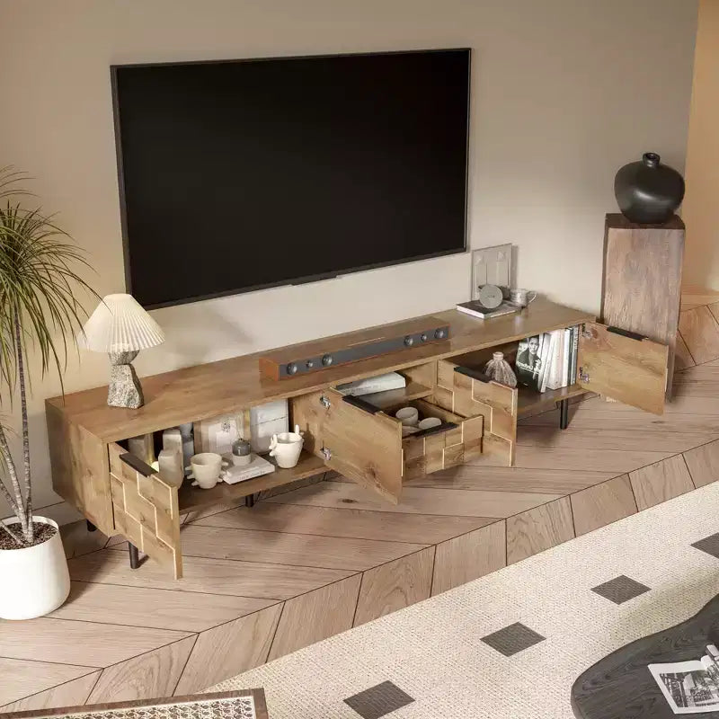 Farmhouse TV Stand with Drawers for 75-Inch TVs, Wood Storage Cabinet with Doors and Solid Wood Legs for Living Room, Natural