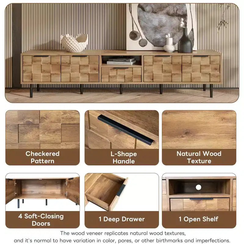 Farmhouse TV Stand with Drawers for 75-Inch TVs, Wood Storage Cabinet with Doors and Solid Wood Legs for Living Room, Natural