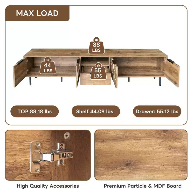 Farmhouse TV Stand with Drawers for 75-Inch TVs, Wood Storage Cabinet with Doors and Solid Wood Legs for Living Room, Natural