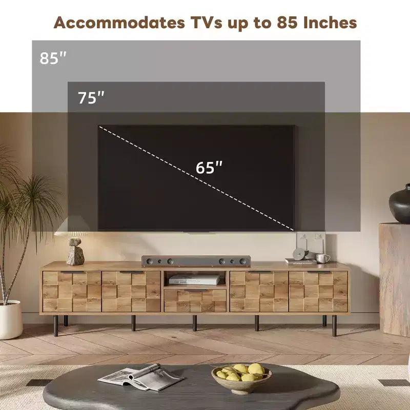 Farmhouse TV Stand with Drawers for 75-Inch TVs, Wood Storage Cabinet with Doors and Solid Wood Legs for Living Room, Natural