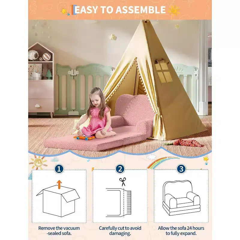 2-in-1 Kids Convertible Sofa Chair, Soft Teddy Fleece, Folds Out to lounger or Bed,Perfect for Playroom, Nursery, or as a Birthday Gift
