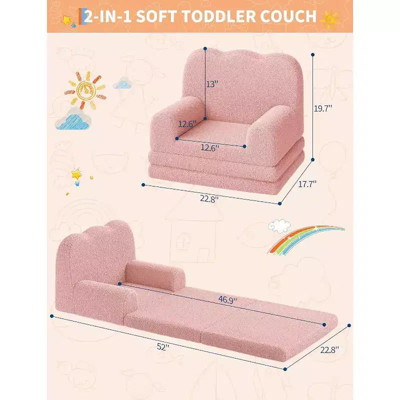 2-in-1 Kids Convertible Sofa Chair, Soft Teddy Fleece, Folds Out to lounger or Bed,Perfect for Playroom, Nursery, or as a Birthday Gift
