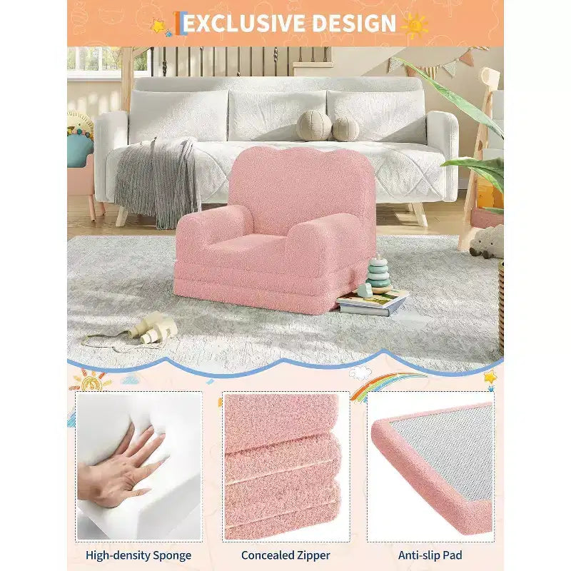 2-in-1 Kids Convertible Sofa Chair, Soft Teddy Fleece, Folds Out to lounger or Bed,Perfect for Playroom, Nursery, or as a Birthday Gift