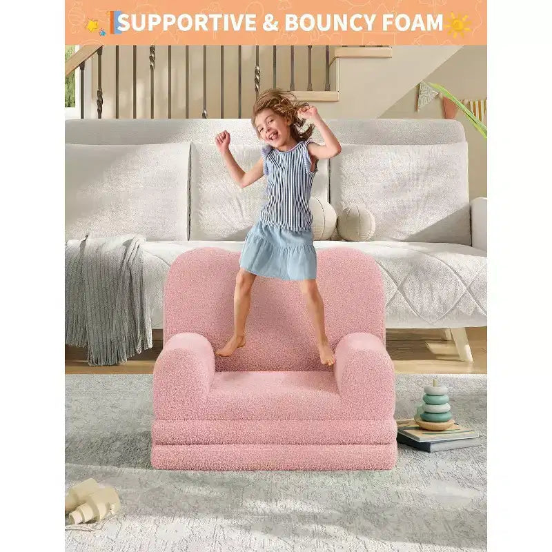2-in-1 Kids Convertible Sofa Chair, Soft Teddy Fleece, Folds Out to lounger or Bed,Perfect for Playroom, Nursery, or as a Birthday Gift