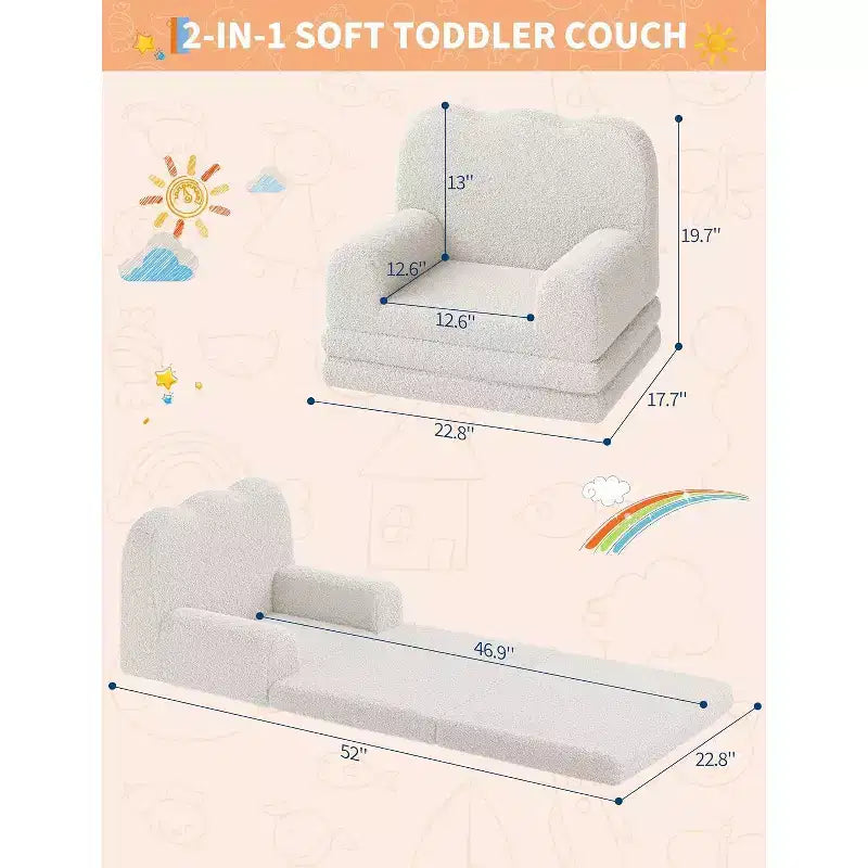 2-in-1 Kids Convertible Sofa Chair, Soft Teddy Fleece, Folds Out to lounger or Bed,Perfect for Playroom, Nursery, or as a Birthday Gift