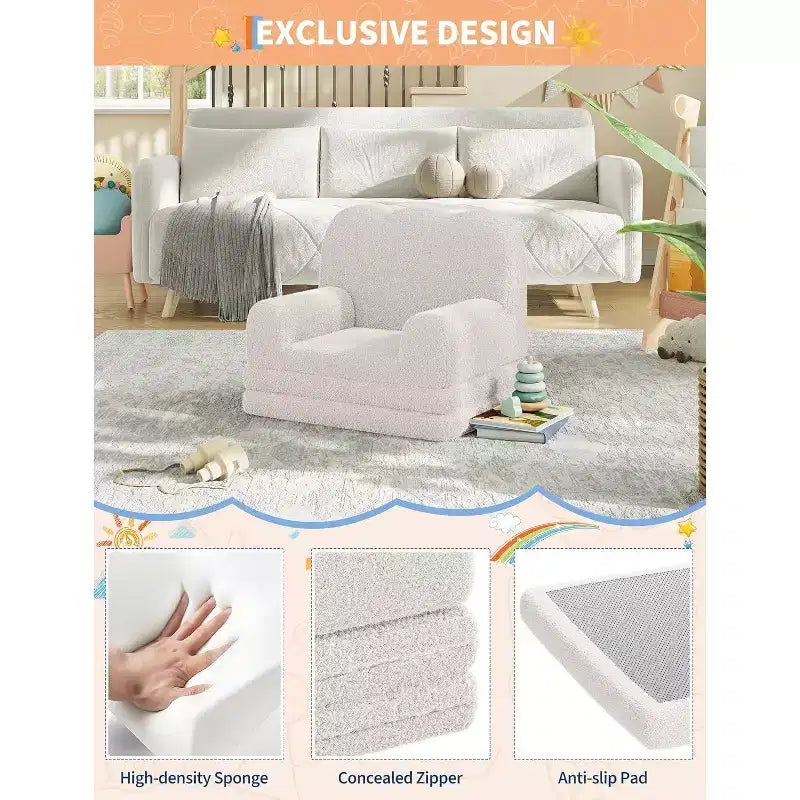2-in-1 Kids Convertible Sofa Chair, Soft Teddy Fleece, Folds Out to lounger or Bed,Perfect for Playroom, Nursery, or as a Birthday Gift