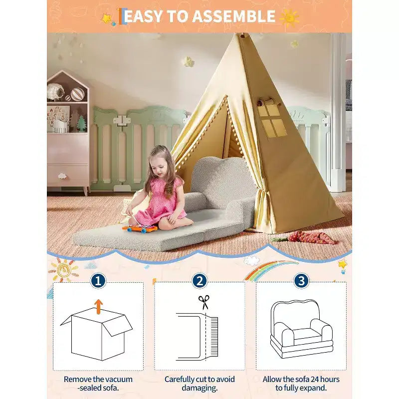2-in-1 Kids Convertible Sofa Chair, Soft Teddy Fleece, Folds Out to lounger or Bed,Perfect for Playroom, Nursery, or as a Birthday Gift