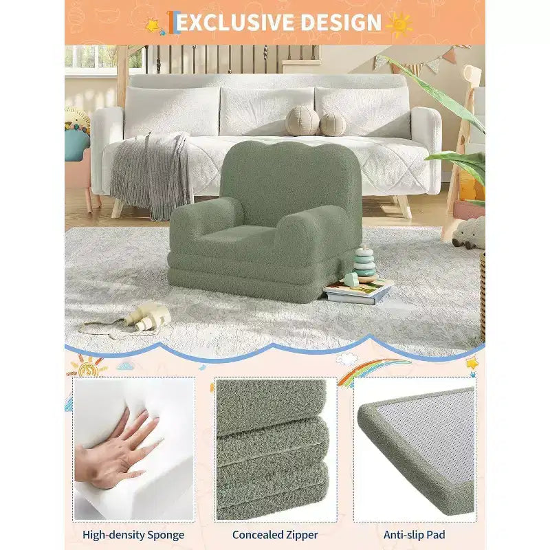 2-in-1 Kids Convertible Sofa Chair, Soft Teddy Fleece, Folds Out to lounger or Bed,Perfect for Playroom, Nursery, or as a Birthday Gift